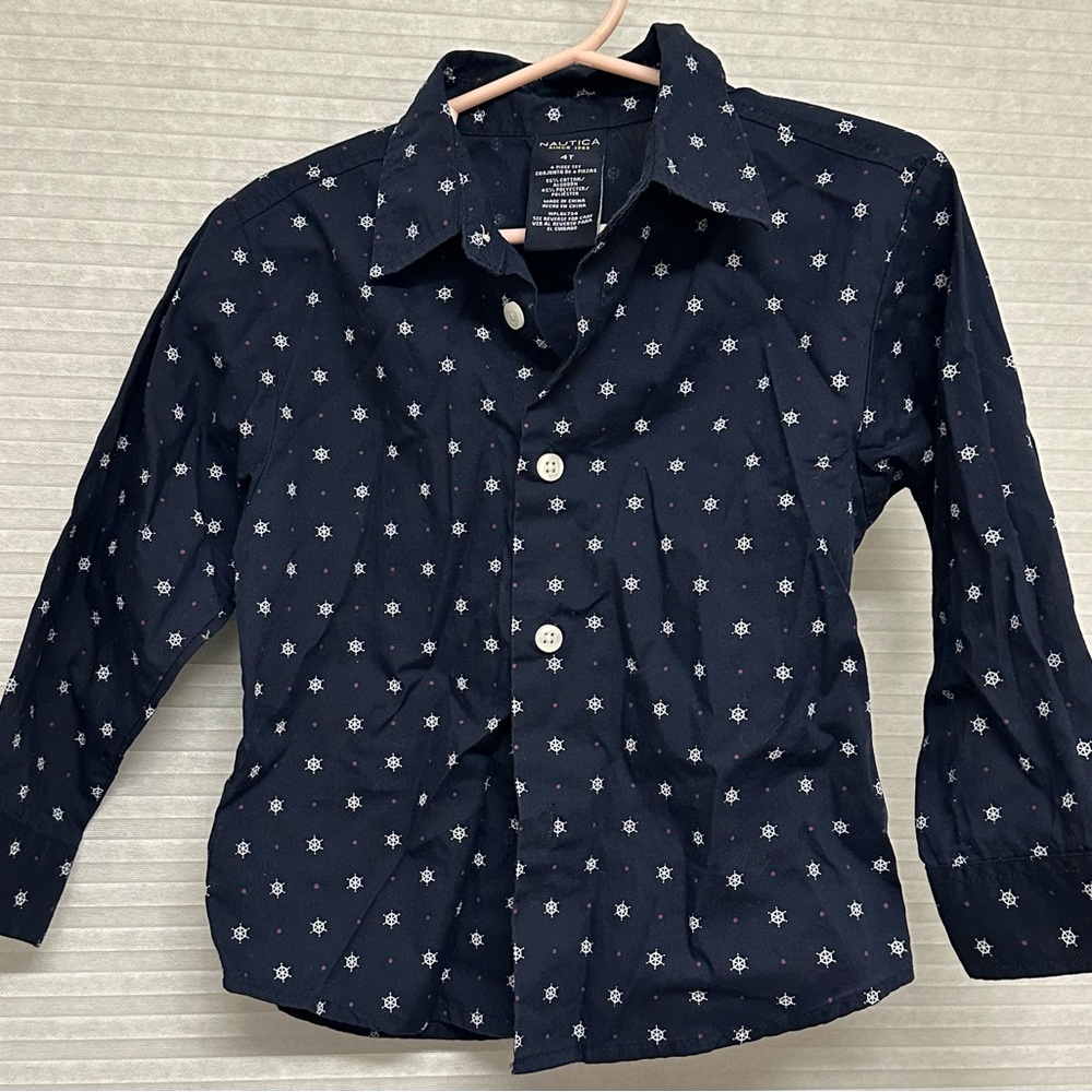 Nautica 4T Navy Button-Down Shirt - Ship’s Wheel Print EUC